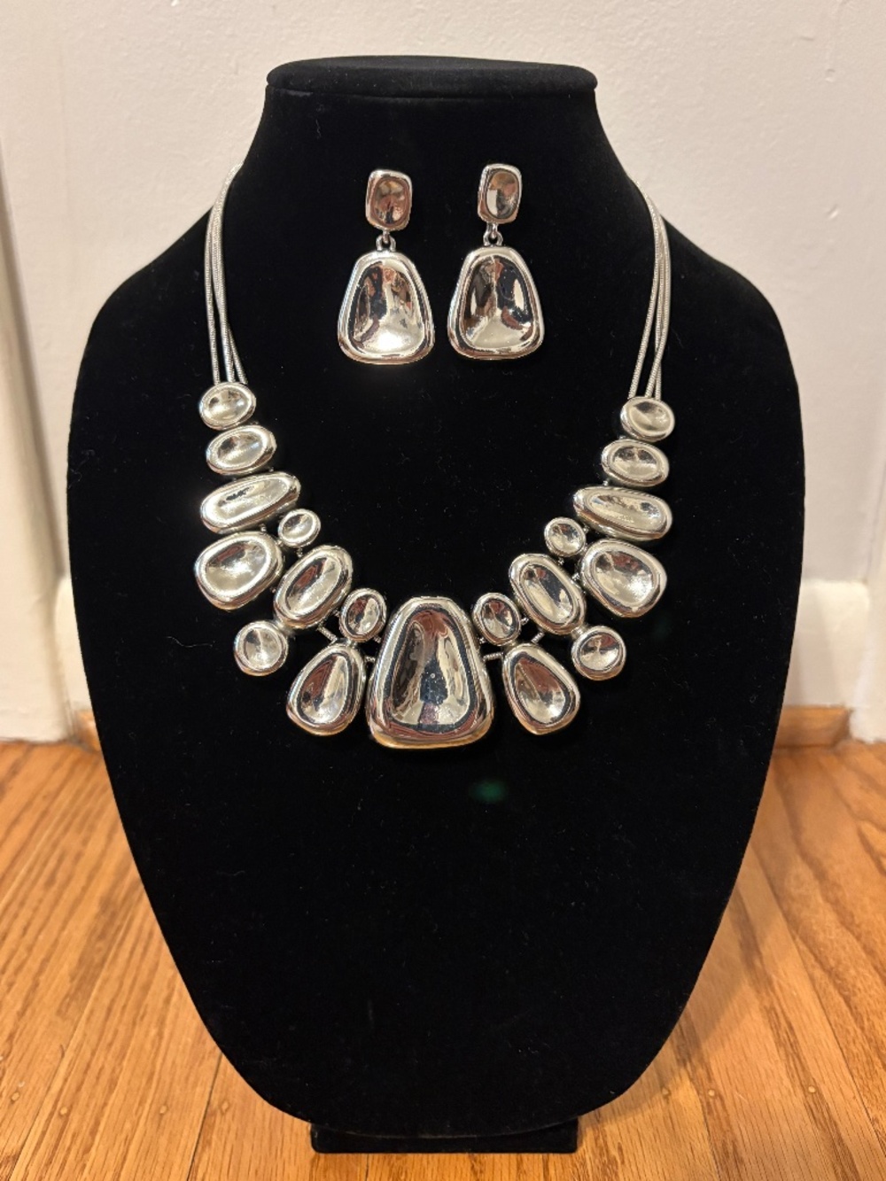 Chico's Jewelry Set - Silver Beaded Necklace (16" + 4" Extender) + Drop Earrings
